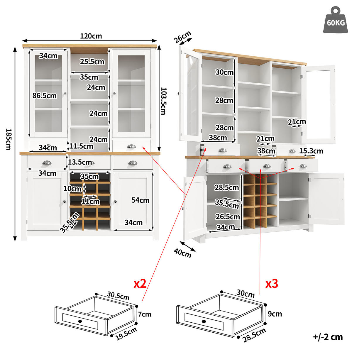 BUFFETSCHRANK Soft-Close Weiß 120/40/185 cm - Weiß, Holz (120/185/40cm) - PANGIVO