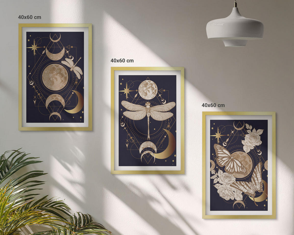 WANDBILDER 3er Set - 40x60 cm Goldrahmen - Naturmotive Mondblumen - Goldfarben, Kunststoff (40/60cm) - ArtPrintCave