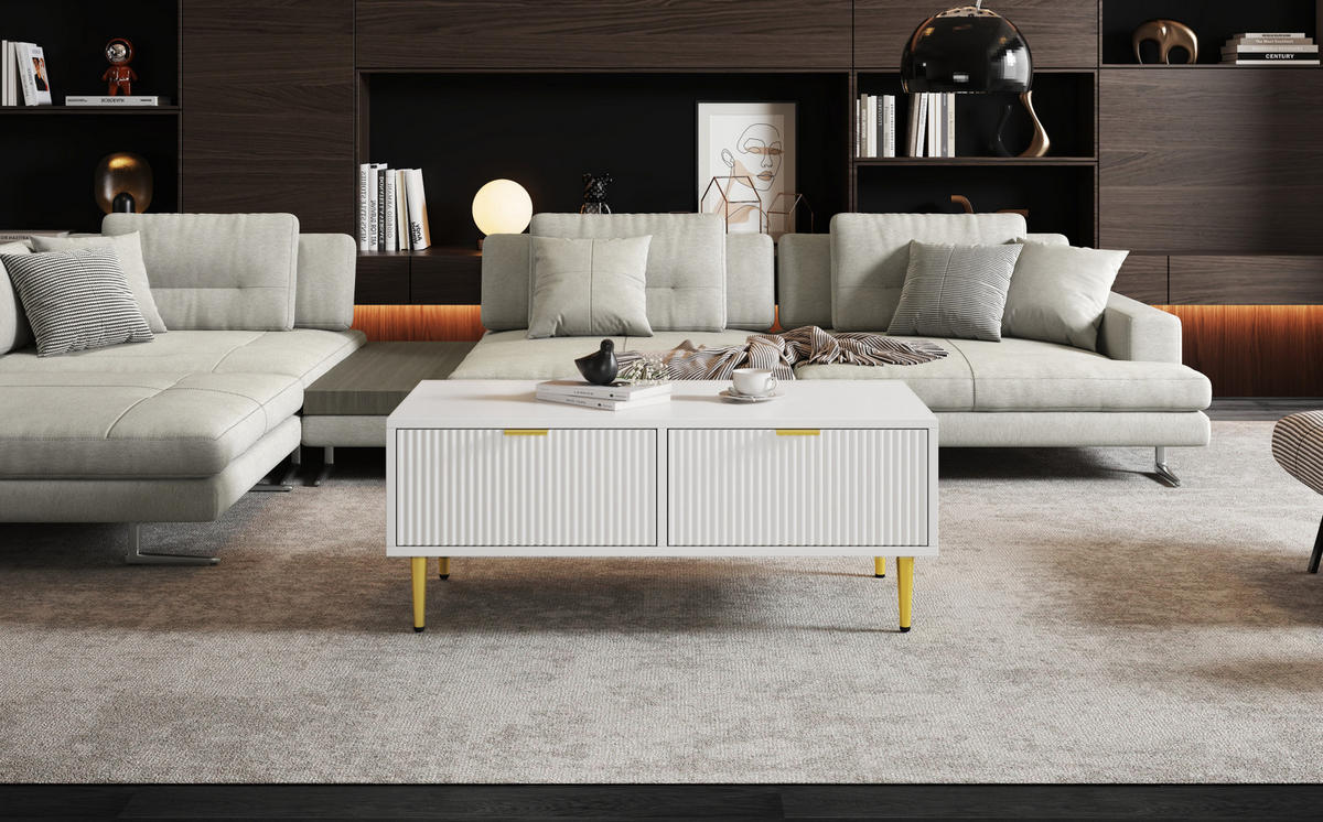 COUCHTISCH 100/50/40 cm weiß aus MDF mit 2 Schubladen - Weiß, Holzwerkstoff (100/50/40cm) - OKMYHOME