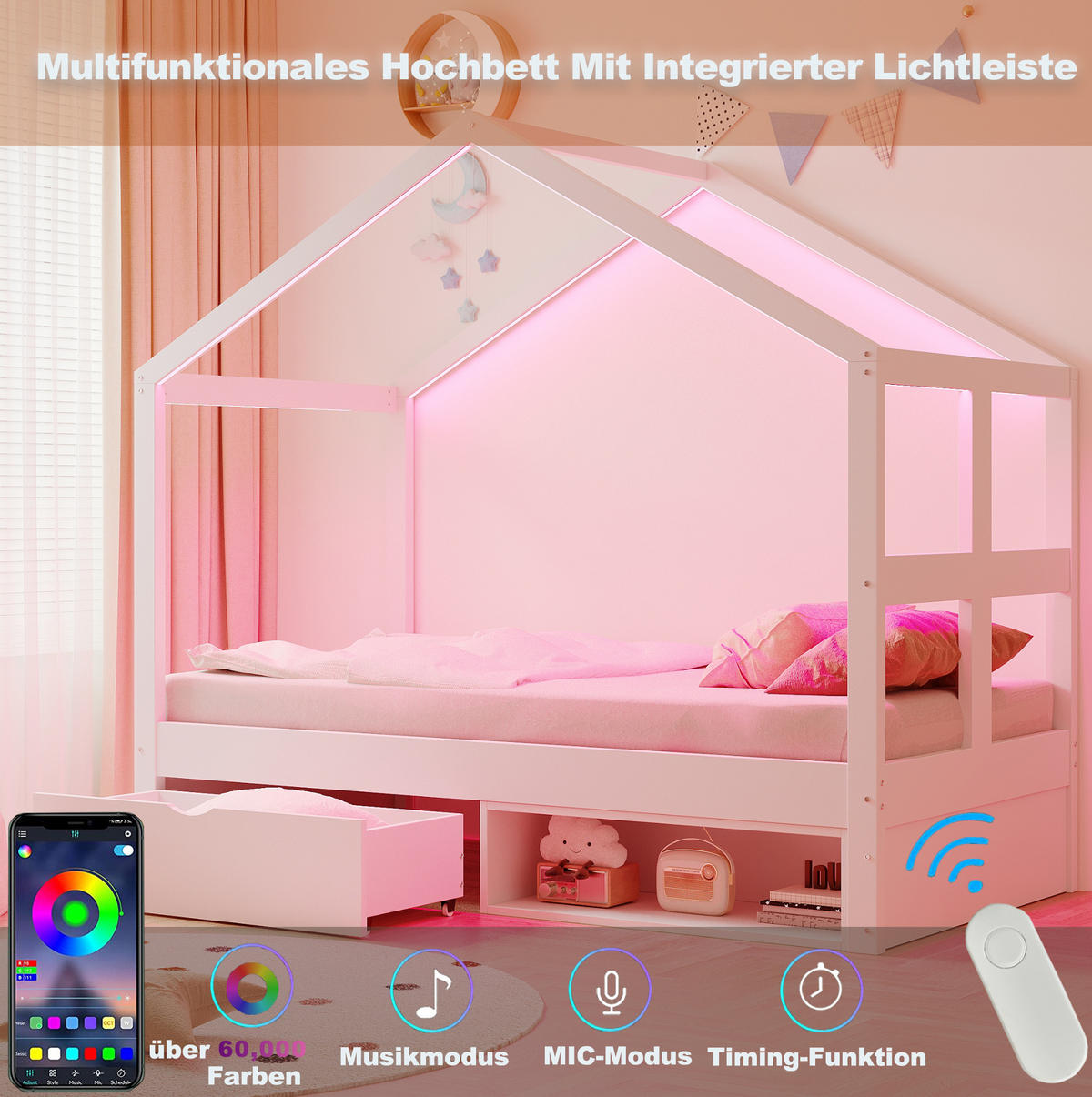 MULTIFUNKTIONSBETT Hausbett 90/190 cm, Weiß mit Schubladen, Schuhschrank und LED - Weiß, Holz (90/190cm) - MIVRAY