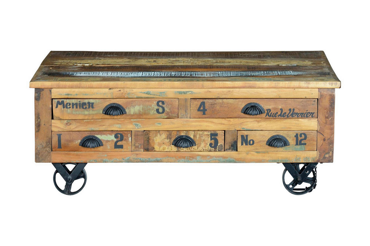 COUCHTISCH aus recyceltem Holz und Eisenrädern - Chromfarben, Holz (110/70/42cm) - Giner y Colomer