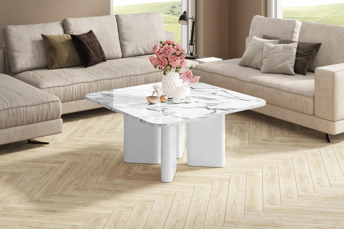 COUCHTISCH quadratisch Marmor Natur Weiß 80/80/50 cm - Weiß Hochglanz/Creme, Holzwerkstoff (80/80/50cm) - designimpex