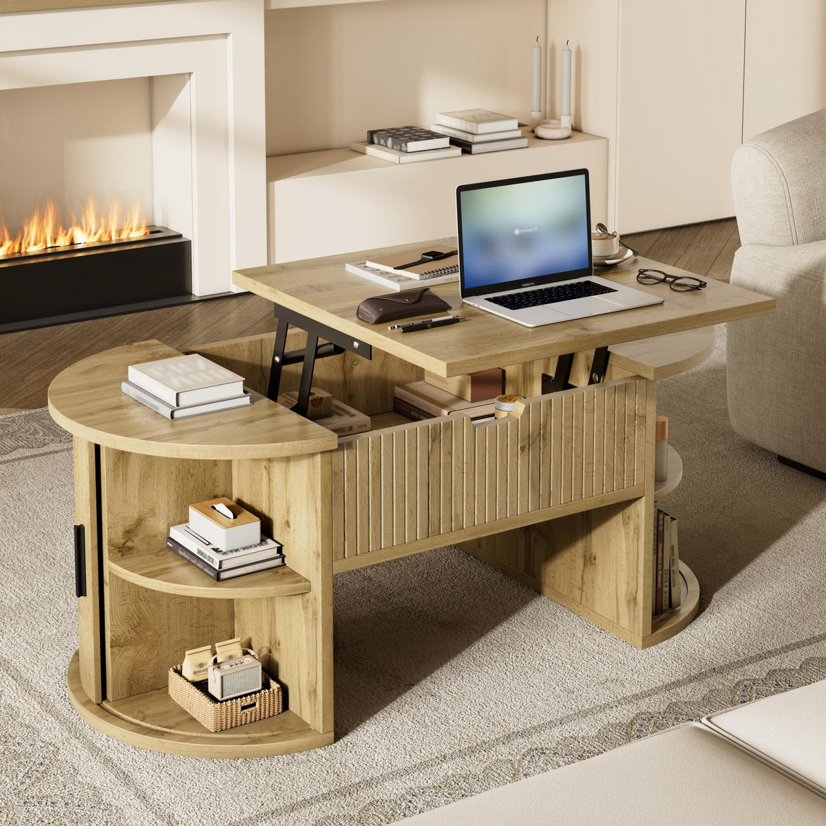 COUCHTISCH in Eichefarben höhenverstellbarer Wohnzimmertisch mit offenen Regalen und Stauraum , B100/T50/H40.5cm - Eichefarben, Holzwerkstoff/Metall (50/100/40.5cm) - STILVORA