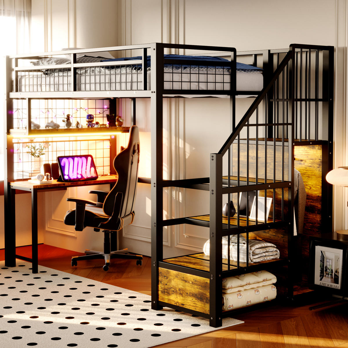 HOCHBETT 90/200 cm aus Metall und MDF mit Schreibtisch, LED-Lichtleiste und Stauraumtreppe Schwarz - Schwarz, Metall (90/200cm) - Modenvie