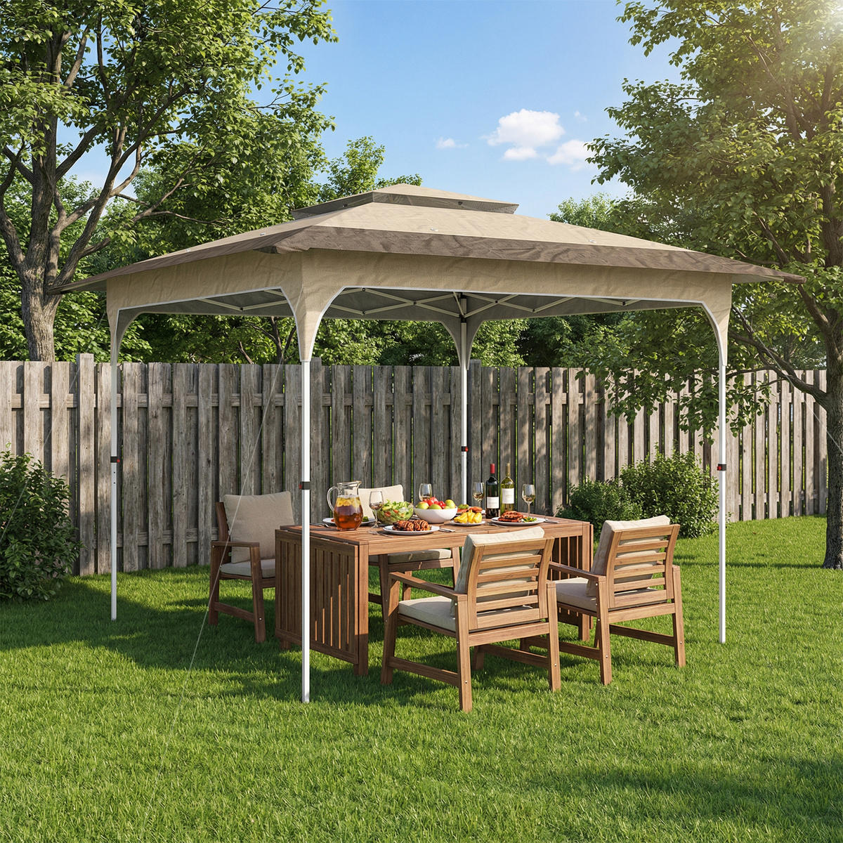 PAVILLON, faltbar mit 3 verstellbaren Höhenstufen, Doppeldach, 3,5 x 3,5 m, Khaki - Braun, Metall (352/278/352cm) - Vallsero