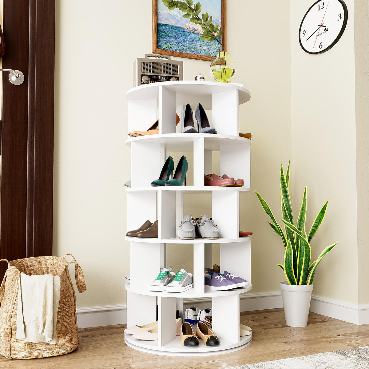 SCHUHREGAL drehbar Weiß rund 5 Ebenen 115cm modern - Weiß, Holzwerkstoff (60/115/60cm) - FLIEKS