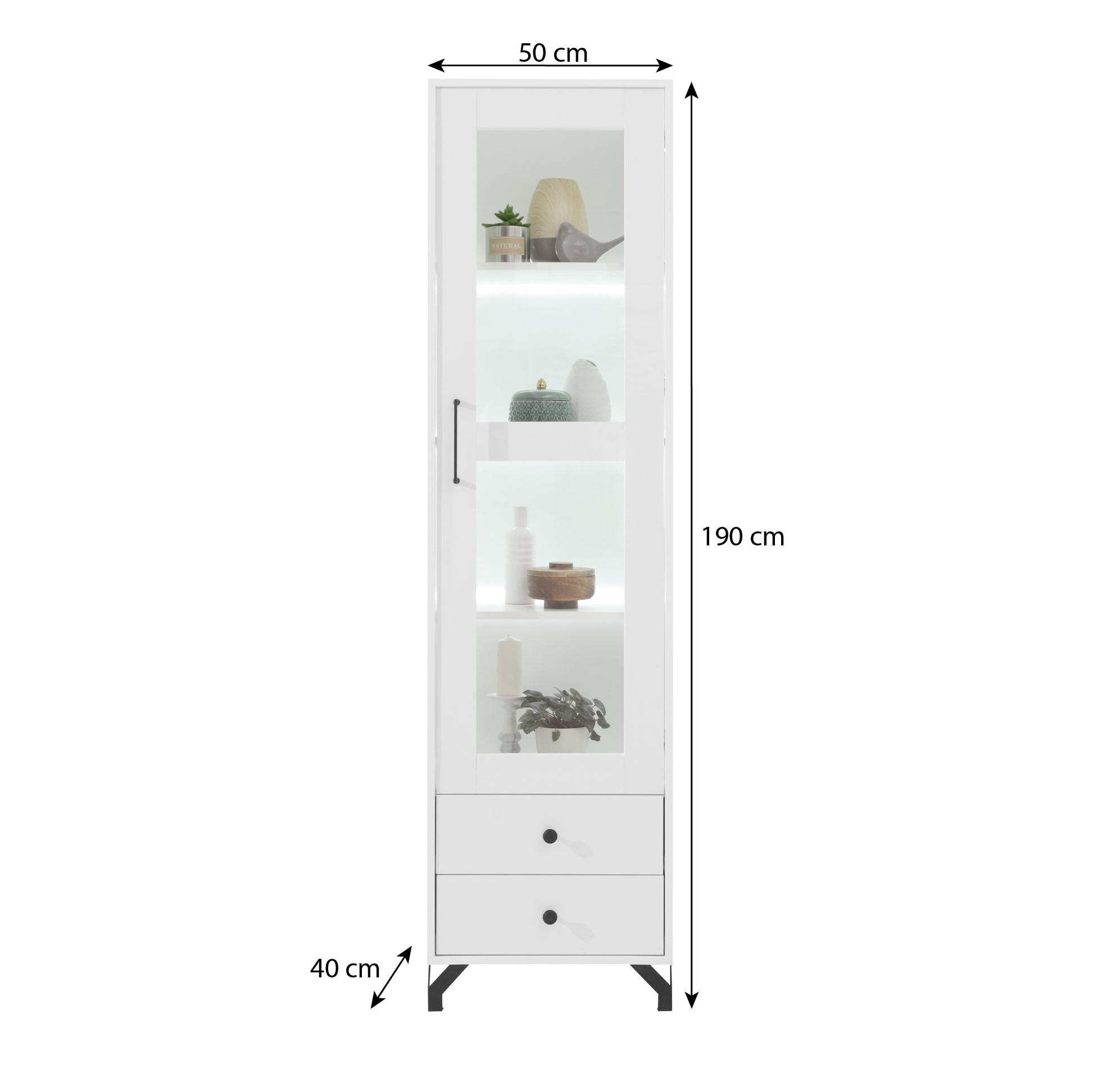 VITRINE Bero mit 1 Tür und 2 Schubladen - Schwarz/Weiß, Holzwerkstoff/Metall (50/190/40cm) - Beautysofa