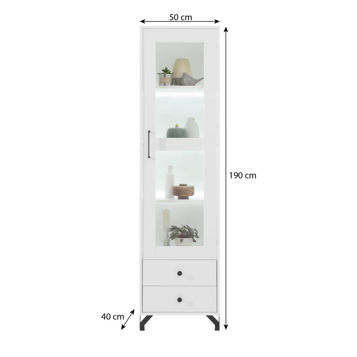 VITRINE Bero mit 1 Tür und 2 Schubladen - Schwarz/Weiß, Holzwerkstoff/Metall (50/190/40cm) - Beautysofa