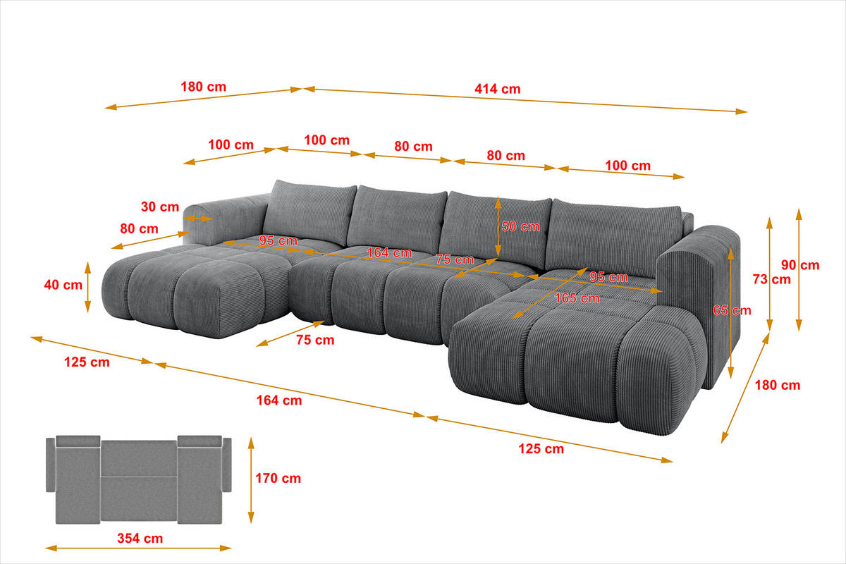 WOHNLANDSCHAFT Ottomane Links CLOUD-U 414x180x40 Dunkelgrau Cord - Dunkelgrau, Holzwerkstoff/Kunststoff (414/90/180cm) - ALTDECOR