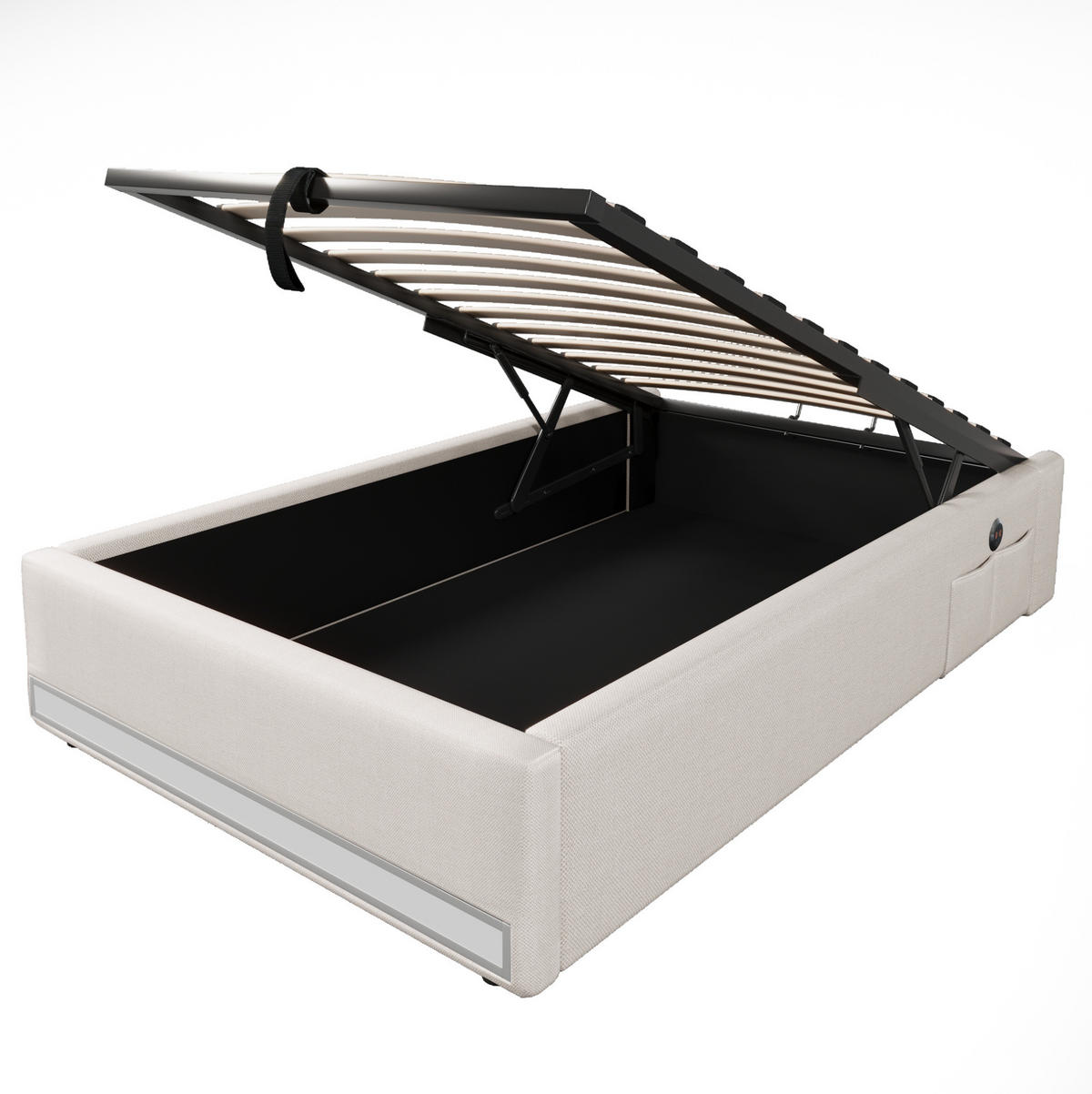 POLSTERBETT 90/200 cm mit LED-Leiste, USB, Typ-C, hydraulischem Bettkasten und Seitentaschen, Beige - Beige, Textil (90/200cm) - Redom