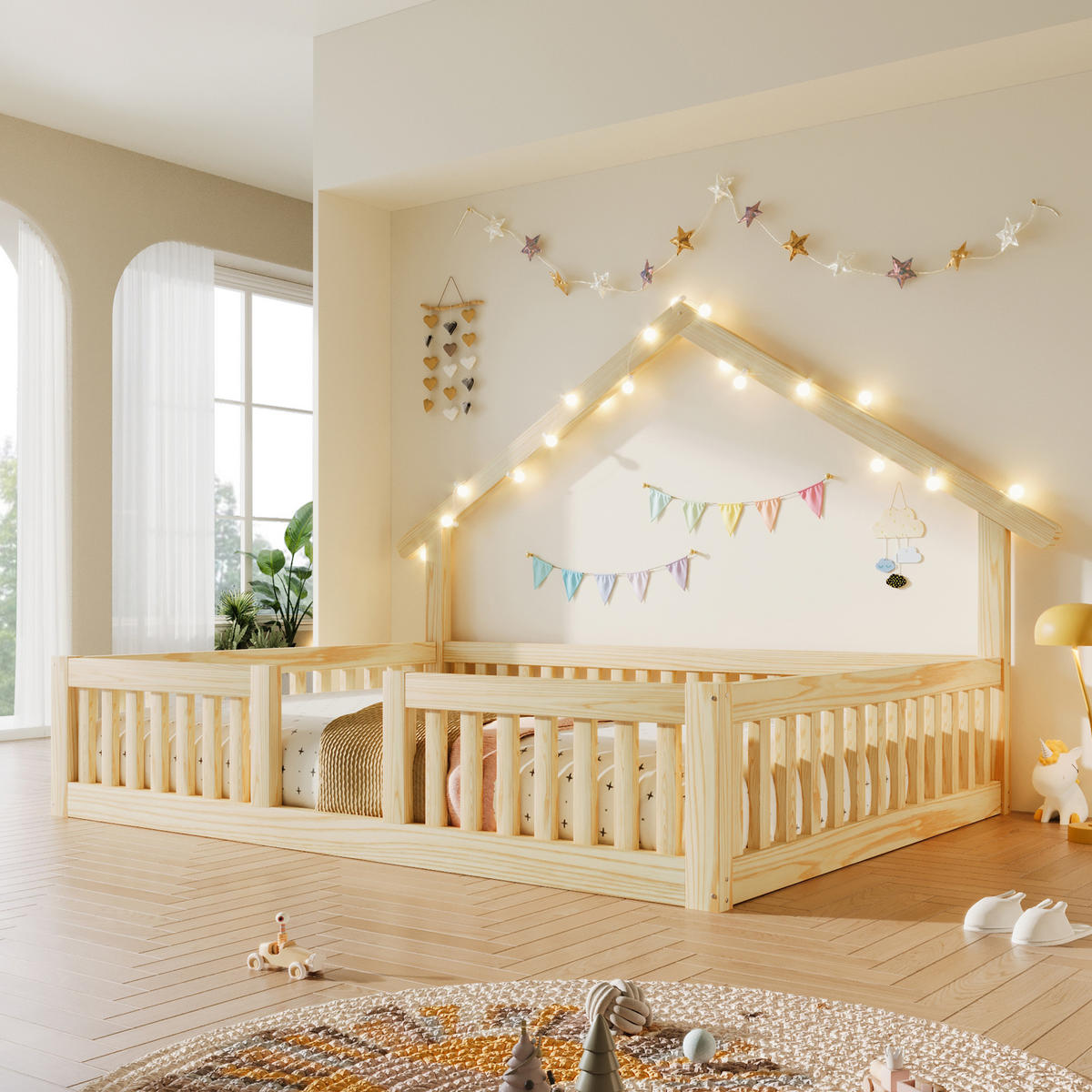 HAUSBETT 140/200 cm in Natur mit Rausfallschutz und LED Holz Design - Naturfarben, Holzwerkstoff (140/200cm) - STILVORA