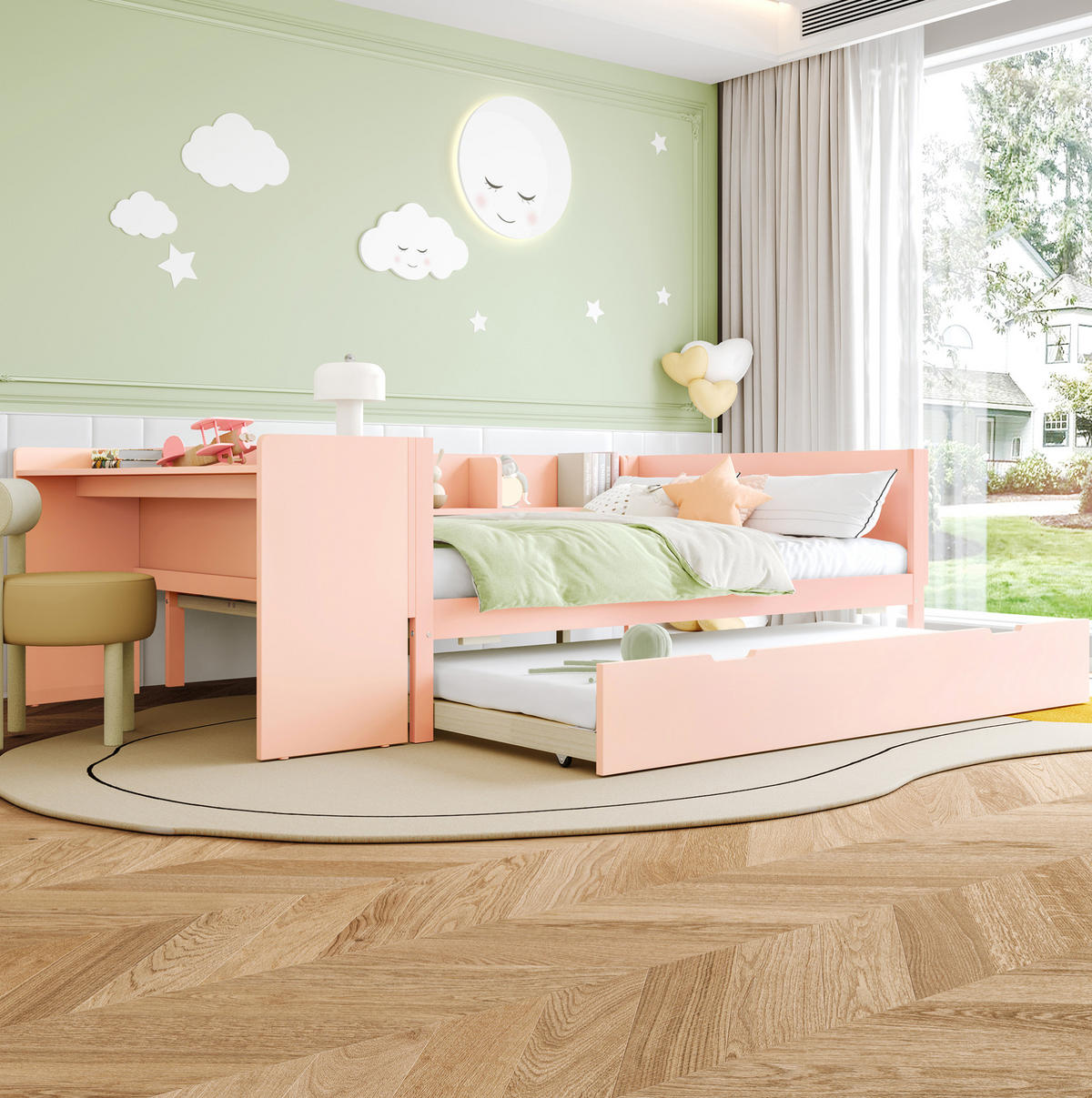 KINDERBETT aus Kiefernholz und Spanplatte 140x200 cm Weiß/Rosa mit Schreibtisch, Rollbett und 3 Regalen - Rosa, Holz (140/200cm) - Modfu