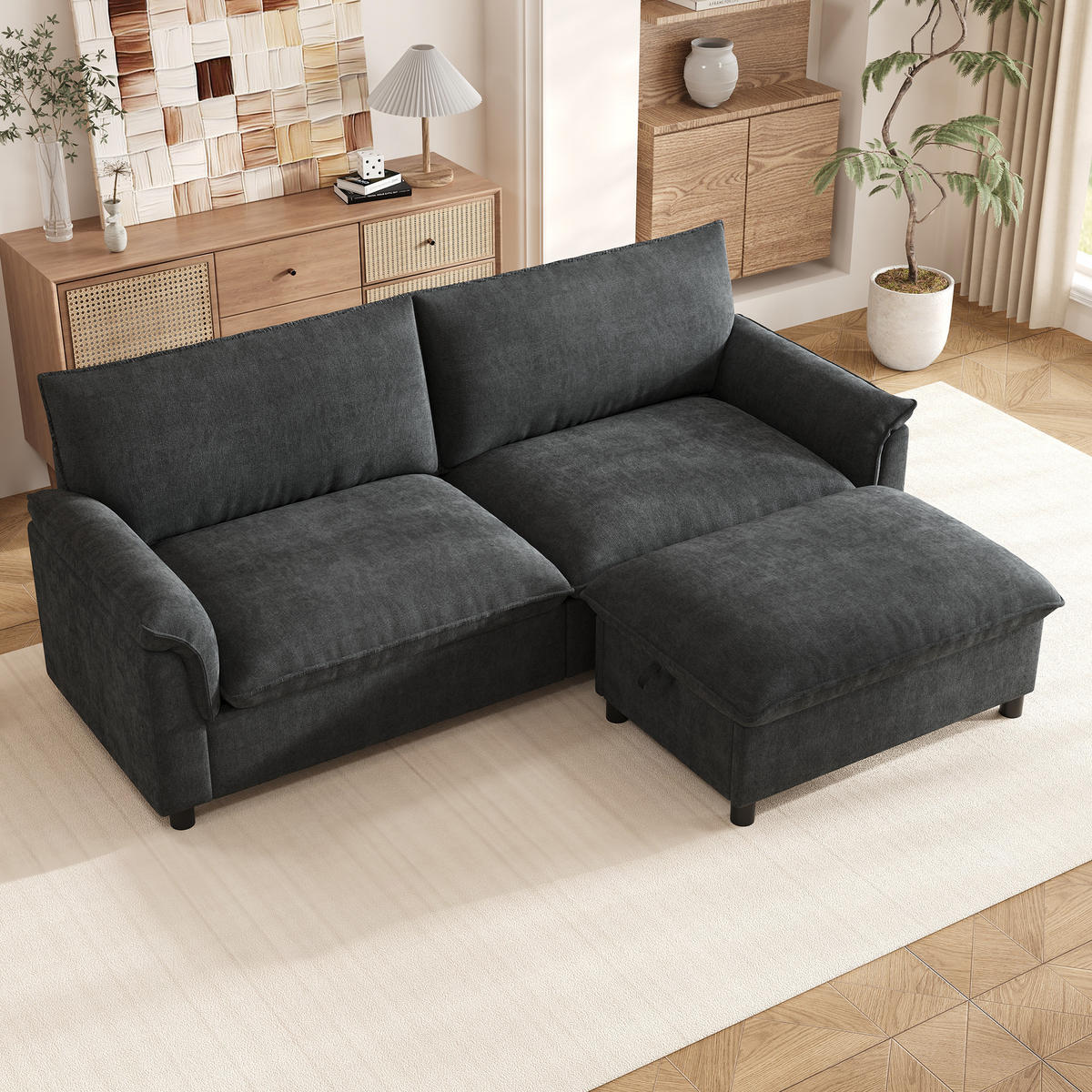 ECKSOFA 216/77/82 cm Schwarz mit Aufbewahrungs-Ottomane - Schwarz, Textil (77/82/216cm) - Oxeza