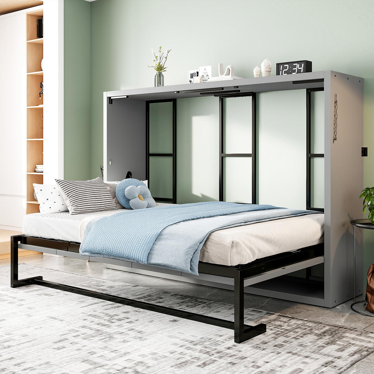 KLAPPBETT 140/200 cm in Grau Metall und Holz mit Wandverriegelung - Grau, Holzwerkstoff/Metall (140/200cm) - WISHDOR