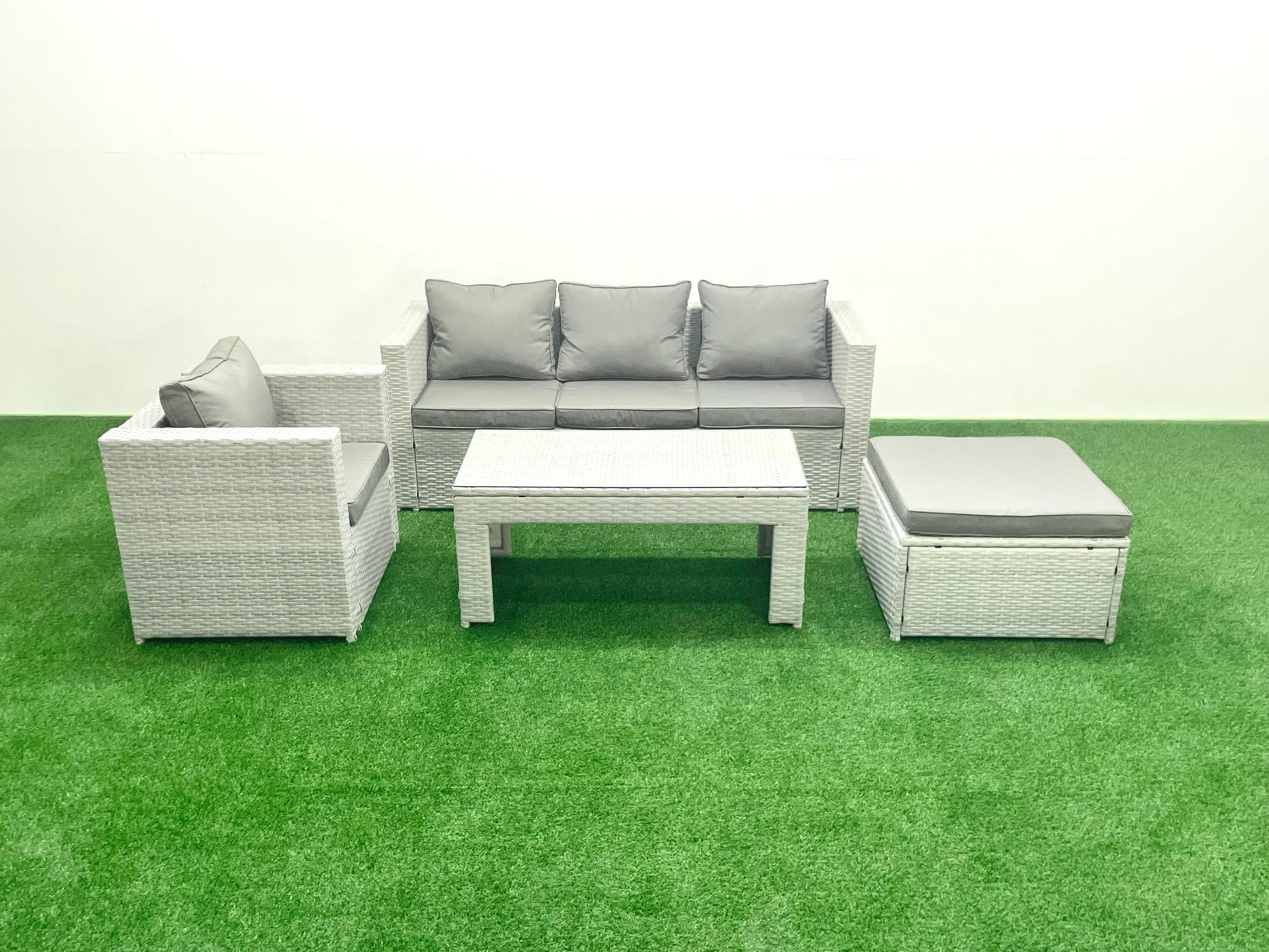 GARTENSET mit 3-SITZER SOFA,COUCHTISCH Polyrattan Hellgrau-Mix 5-Sitzer - Hellgrau/Grau, Glas/Kunststoff - Fimous