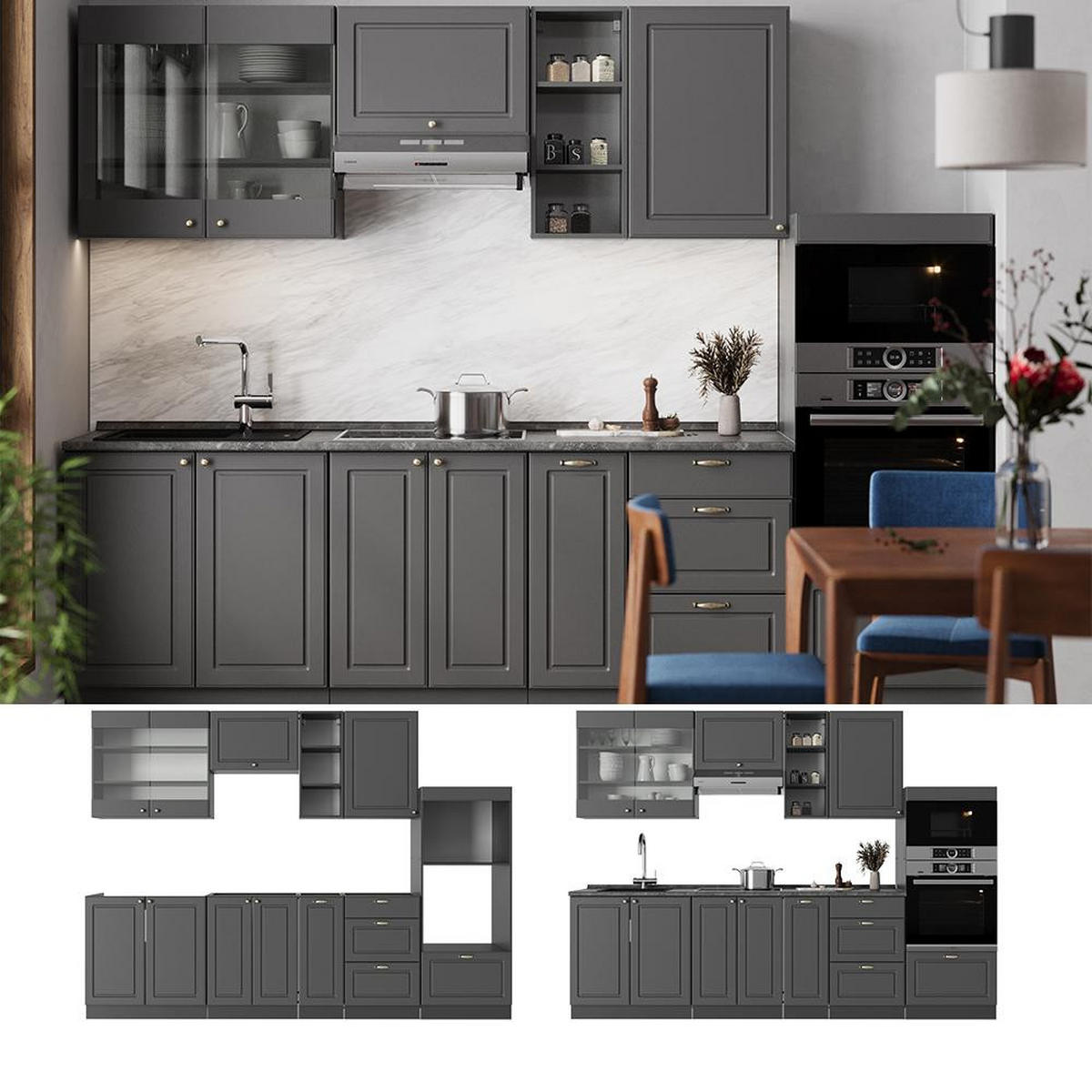 KUHINJA Fame-Line Anthrazit-zlata hiša Landhaus 280 cm brez delovne plošče - antracit, leseni material (280/153.6/51.6cm) - Vicco