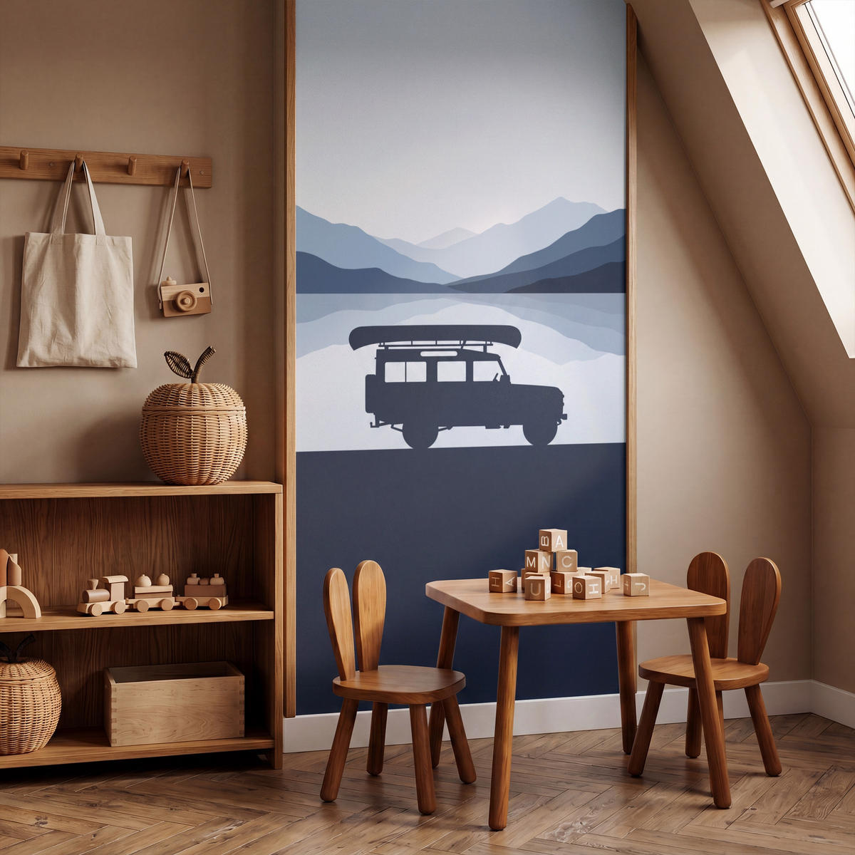 KINDERTAPETE - Auto - See - Berge - Blau - 140x300 cm - Blaugrau, Papier (140/300cm) - OnlyWow