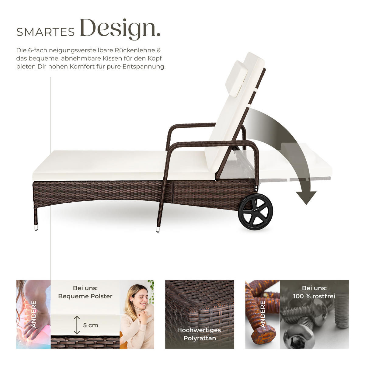 RATTAN-SONNENLIEGE, 200 x 70 x 33 cm, braun gemischt - Braun, Kunststoff (70/33/200cm) - tectake