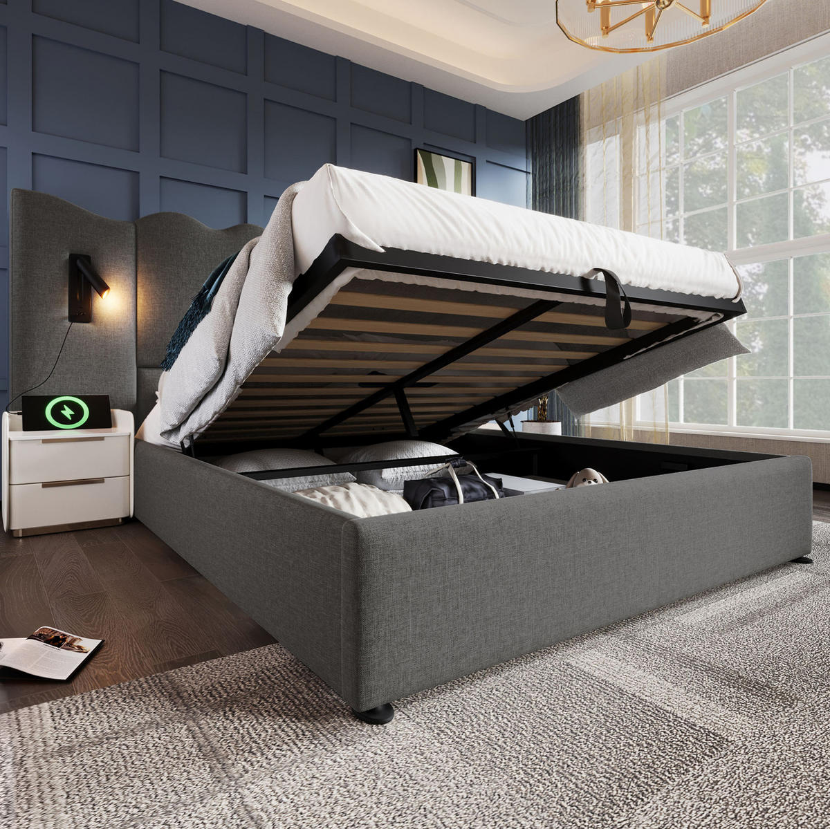 POLSTERBETT 160/200 cm mit Leselampe, USB- und Type-C-Anschluss, hydraulischem Stauraum und Matratze, Grau - Grau, Textil (160/200cm) - Redom