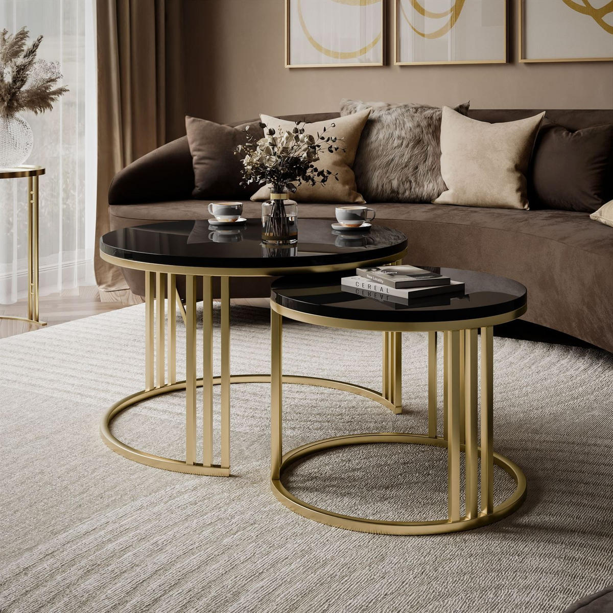 COUCHTISCH 2in1 LORI Hochglanz Gold gebürstet, Gold gebürstet / Schwarz glänzend - Schwarz, Metall (70/70/49cm) - Lookway