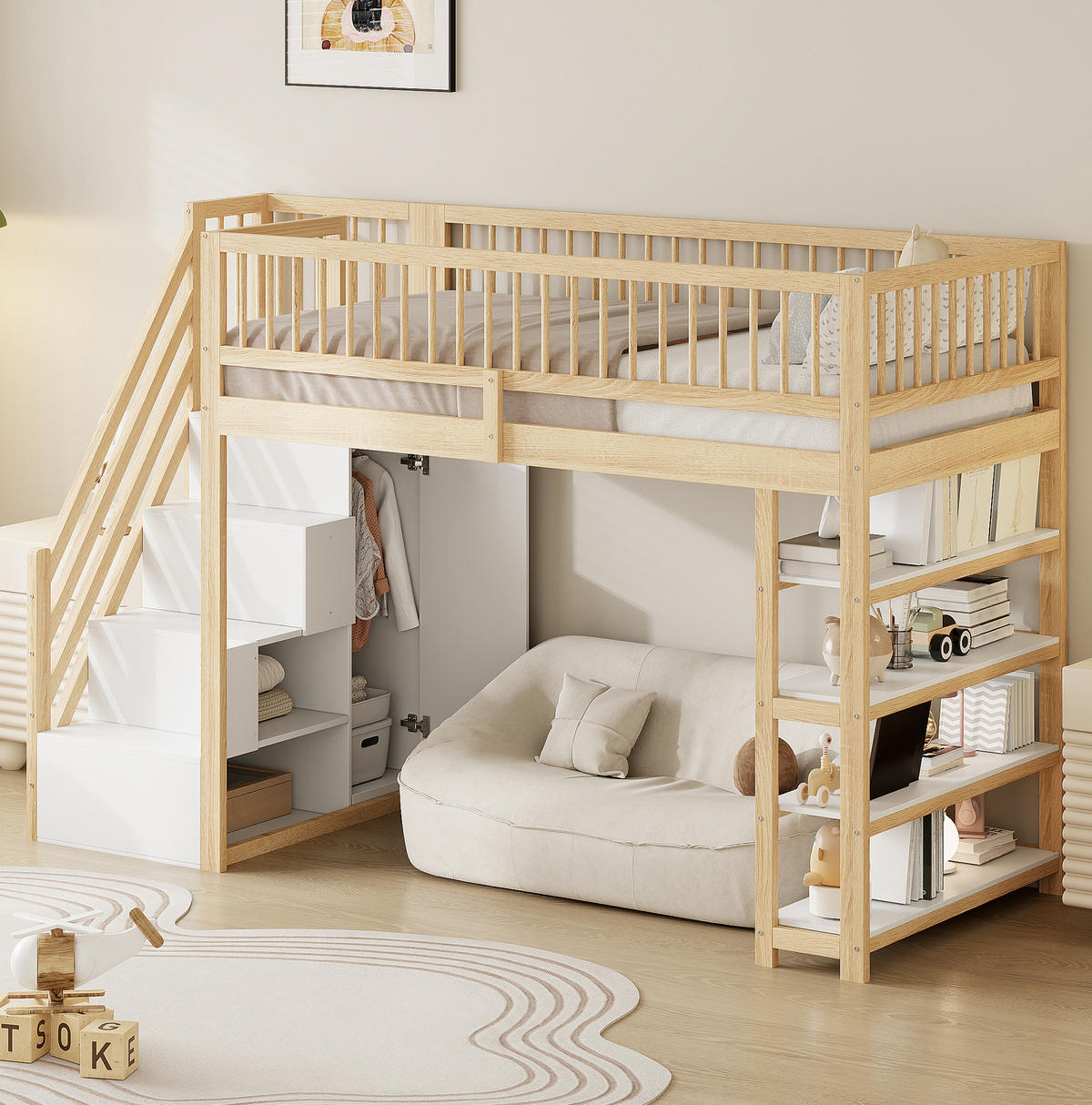 HOCHBETT 90/200 cm mit Kleiderschrank, Regalen und Sicherheitsleiter, farbe - Naturfarben, Holzwerkstoff (90/200cm) - Redom