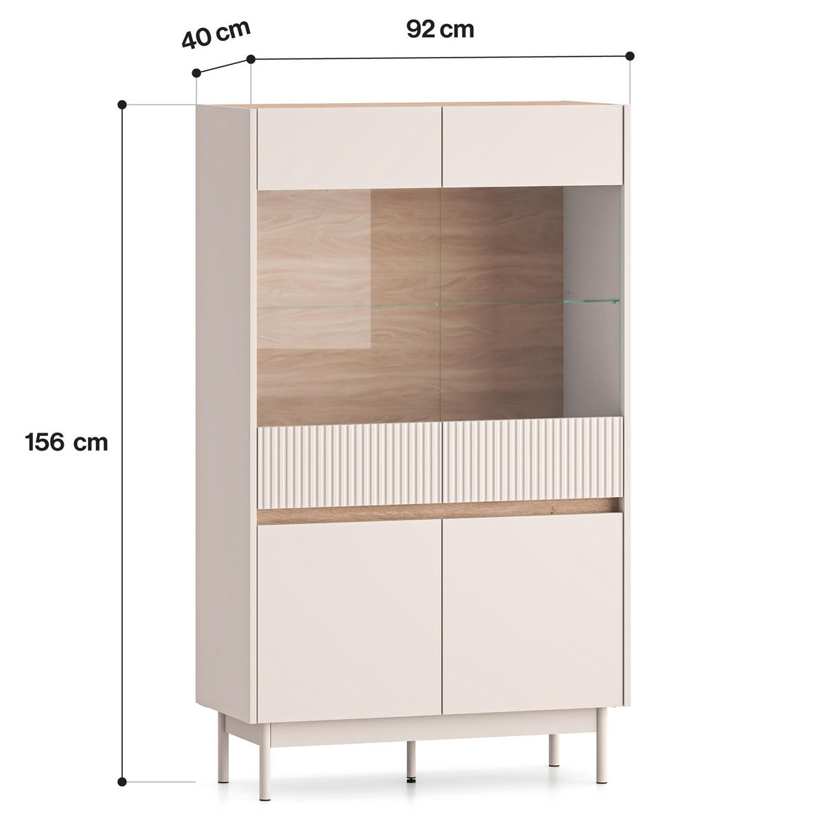 VITRINENSCHRÄNK NALIA, Vitrine, Creme/Eiche - Eichefarben/Creme, Glas/Holzwerkstoff (92/156/40cm) - KONSIMO®