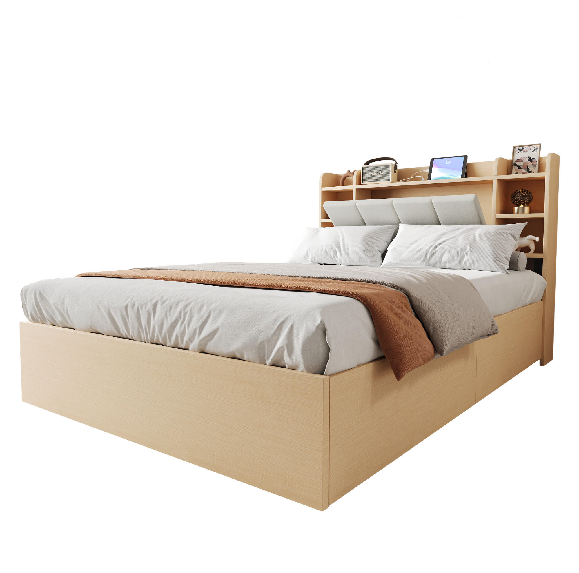BETT 140/200 cm aus MDF mit USB-Anschluss, Naturholz - Naturfarben, Holzwerkstoff (140/200cm) - OKMYHOME