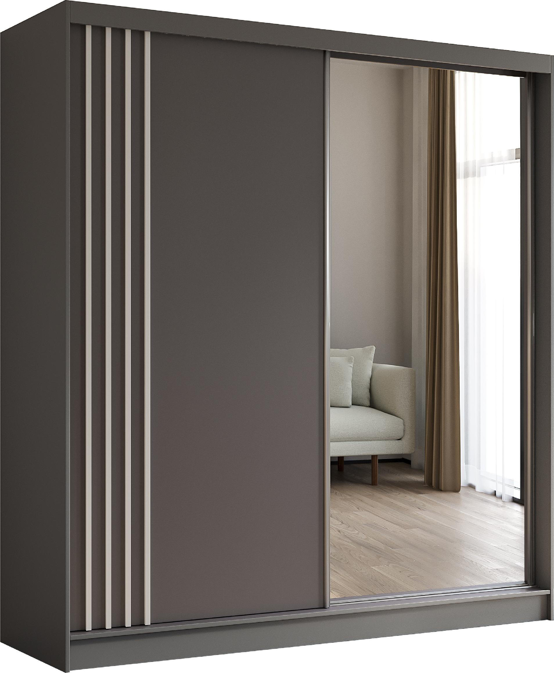 SCHWEBETÜRENSCHRANK Neli 200 cm mit Lamellen und Spiegel 2-türig, grau, grau, Lamelle weiß - Weiß/Grau, Kunststoff (200/216/61cm) - Margaret Hadas24