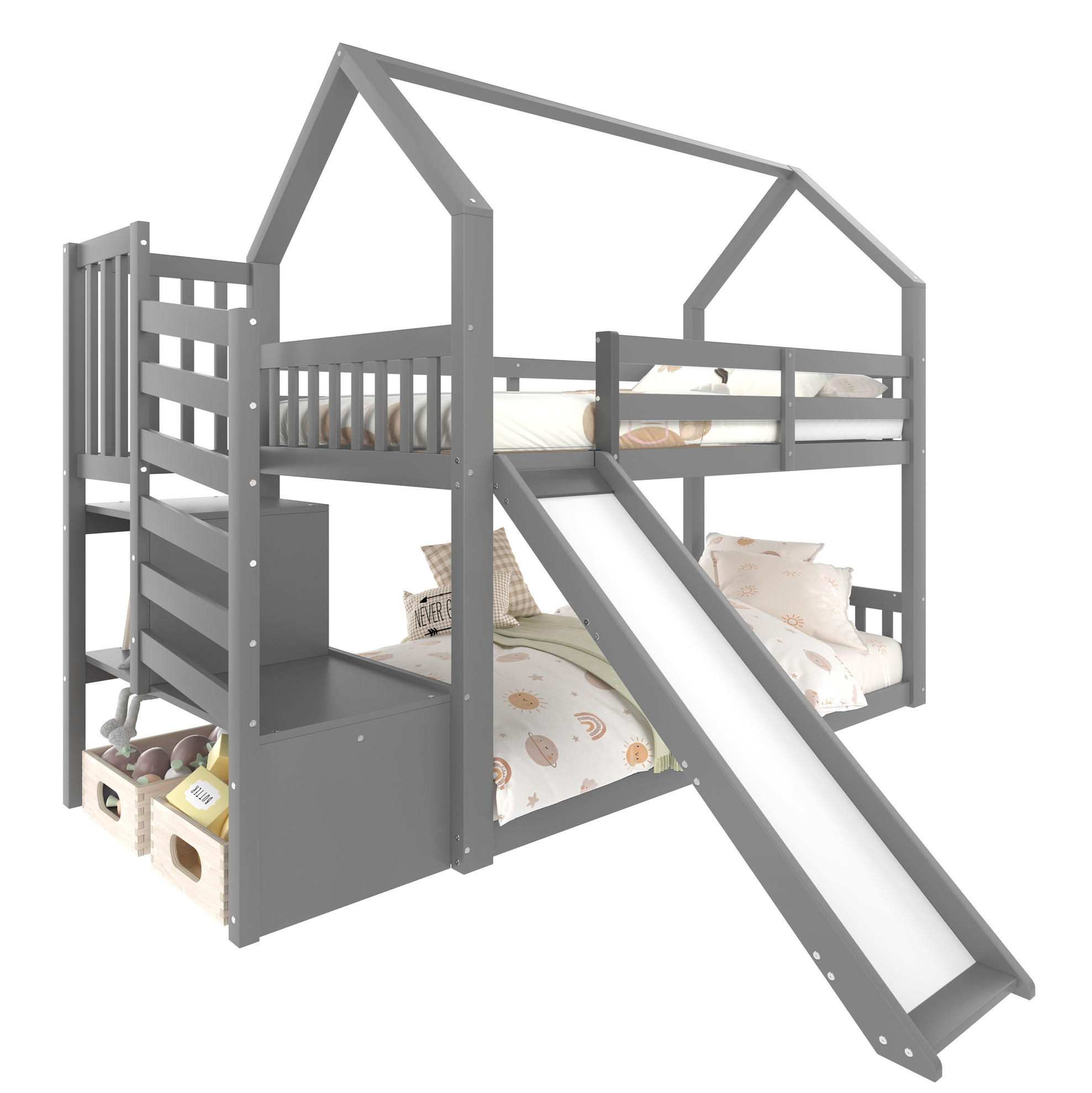 ETAGENBETT 90/200 cm mit Stauraumtreppe, Rutsche und Geländer aus Kiefernholz und MDF, Grau - Grau, Holz (90/200cm) - Redom