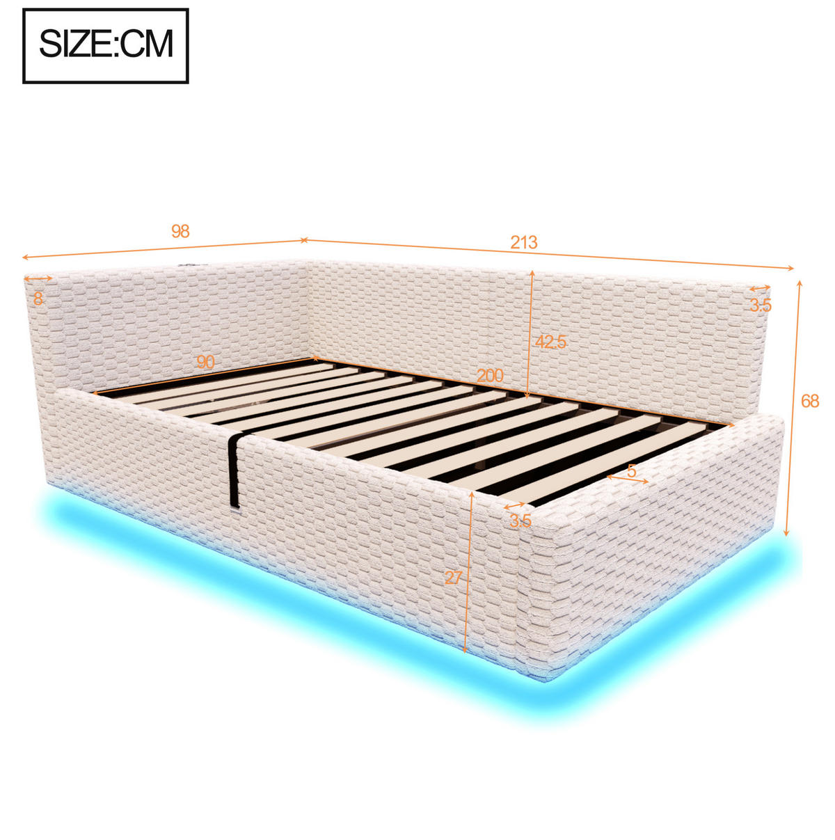 POLSTERBETT 90/200 cm beige aus Samt mit LED, USB-C und Stauraum - Beige, Holzwerkstoff (90/200cm) - OKWISH