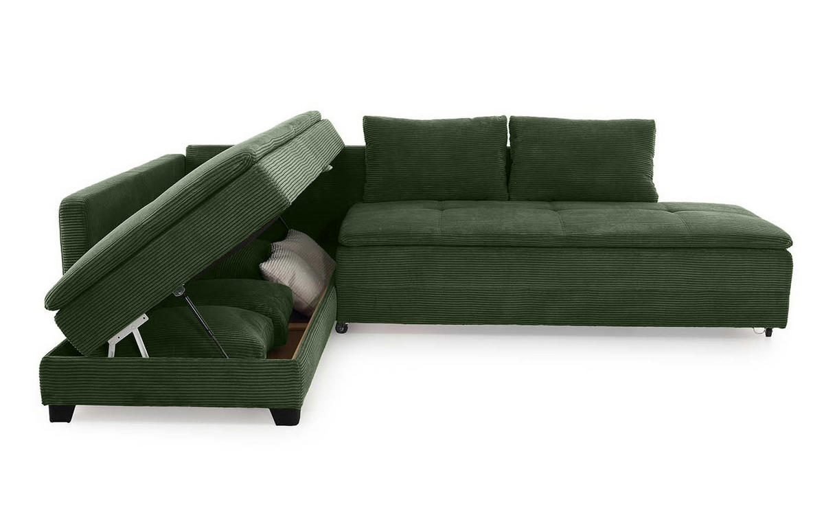 ECKSOFA-DAUERSCHLÄFER Doppelbett Boxspring Federkern Topper, seitenverkehrt montierbar B306/T223/H95 cm, Cord Grün / 15164 - Schwarz/Grün, Kunststoff/Textil (306/223cm) - luma-home
