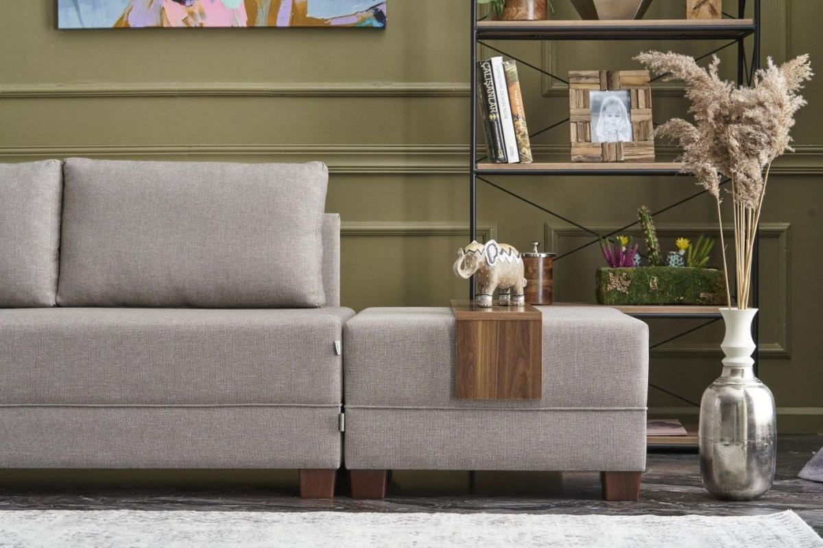 ECKSOFA mit rollbarer Schlaffunktion - Beige/Walnussfarben, Holz/Textil (280/210cm) - myHomelando