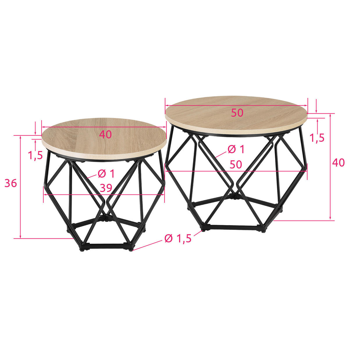 COUCHTISCH 2er Set Benham, mit höhenverstellbaren Kunststofffüßen, Industrial Holz hell, Eiche Sonoma - Naturfarben, Holzwerkstoff (50/50/40cm) - tectake