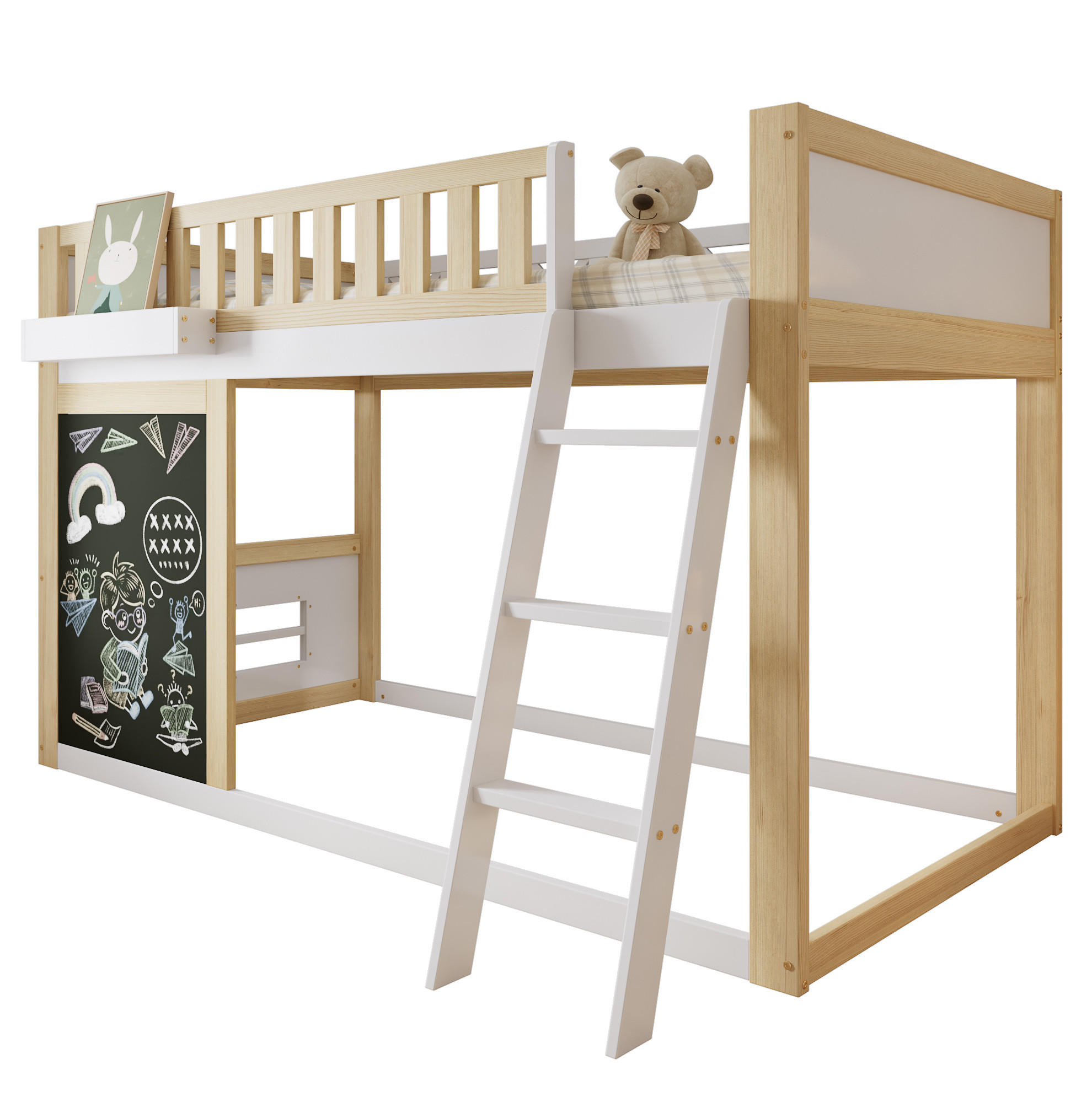 HOCHBETT Kinder 90/200 cm Weiß Natur mit Tafel, Aufbewahrungsbox und Stauraum ohne Matratze - Weiß, Holz (90/200cm) - MIVRAY