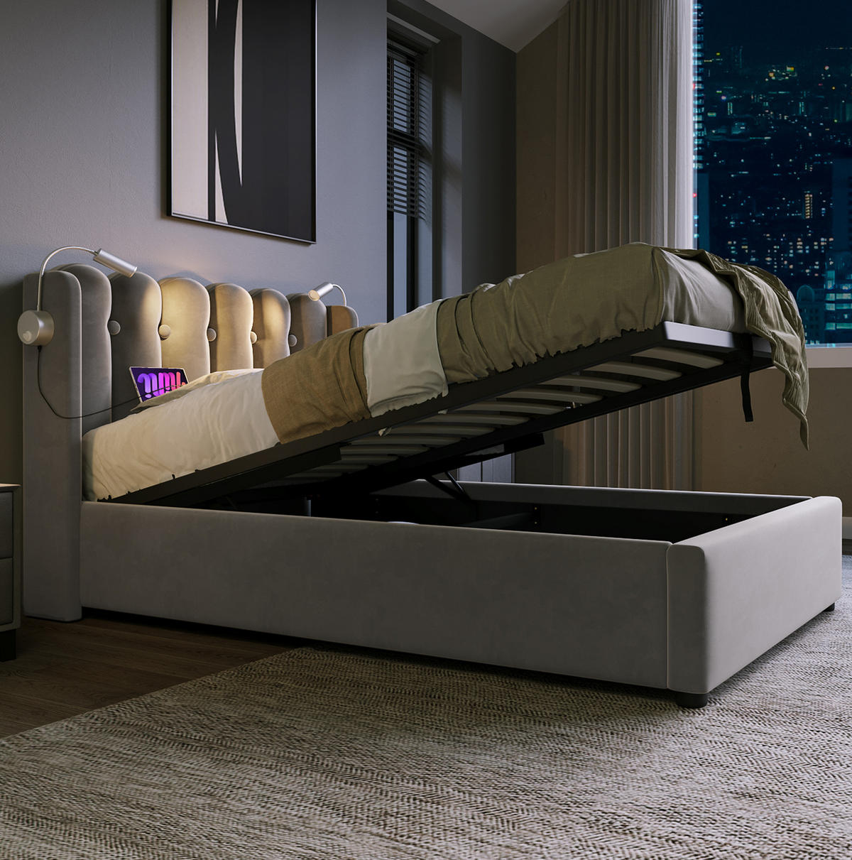 POLSTERBETT mit Bettkasten & USB 90x200 cm Samt Grau - Grau, Metall (90/200cm) - Meubliv