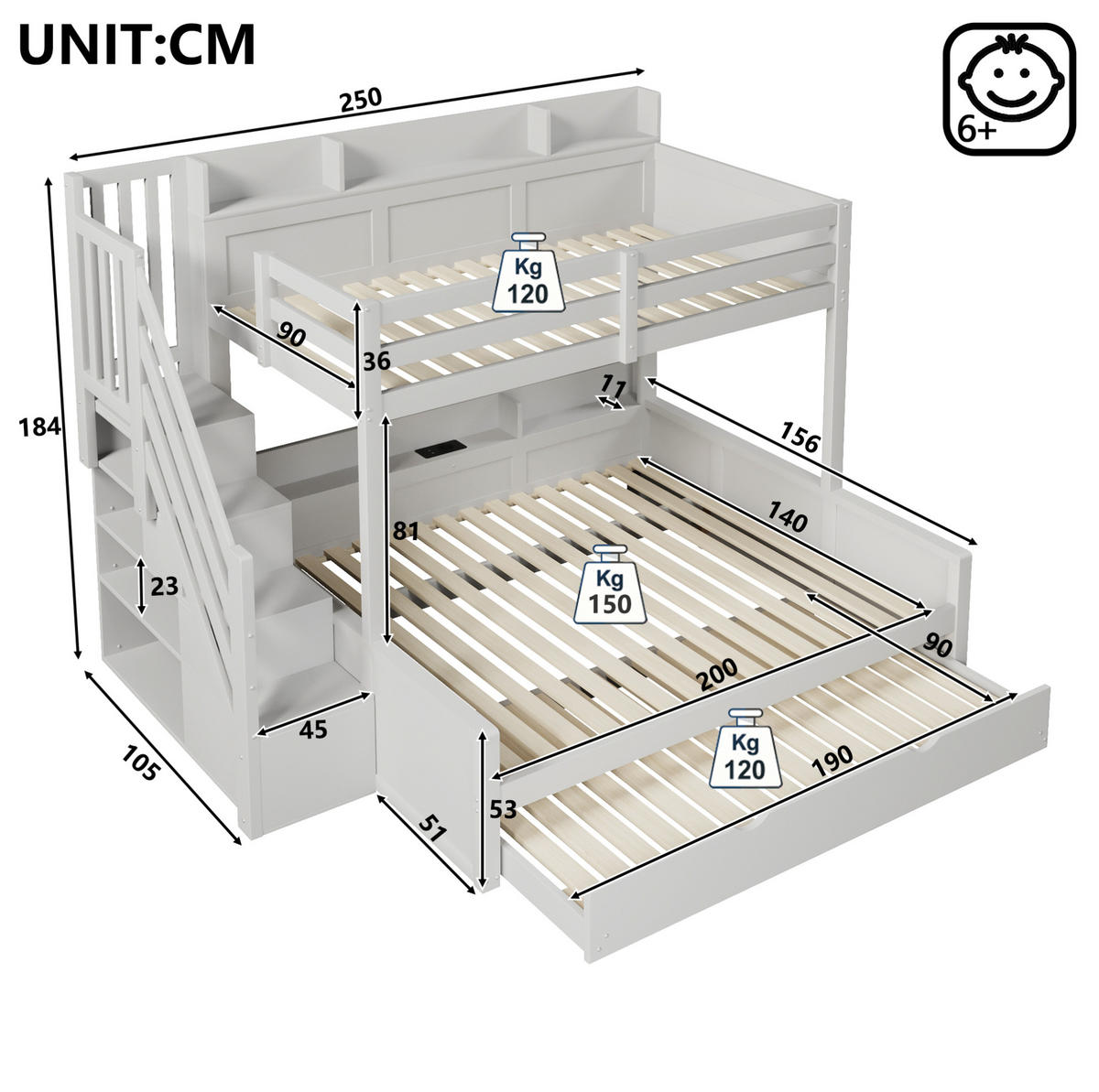 ETAGENBETT aus MDF und Kiefer 90x200/140x200 cm Grau mit Ausziehbett, Stauraumtreppe und USB-Anschluss - Grau, Holz (90/200cm) - Modfu