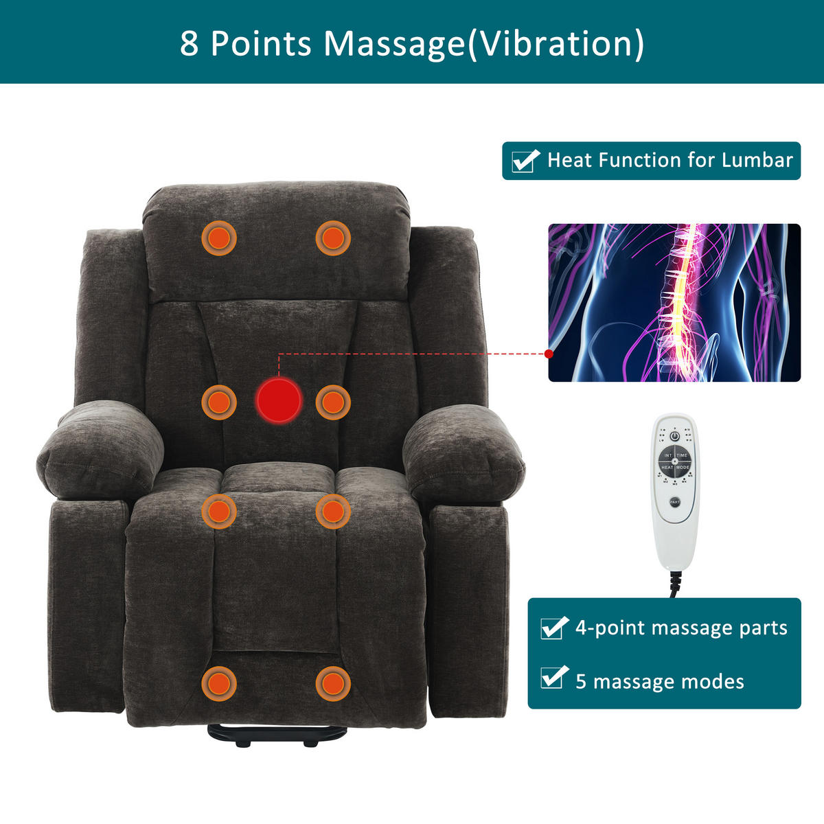 MASSAGESESSEL Elektrisch 8 Punkt Massage Heizung USB Braun - Braun, Textil (95/107/94cm) - FLIEKS
