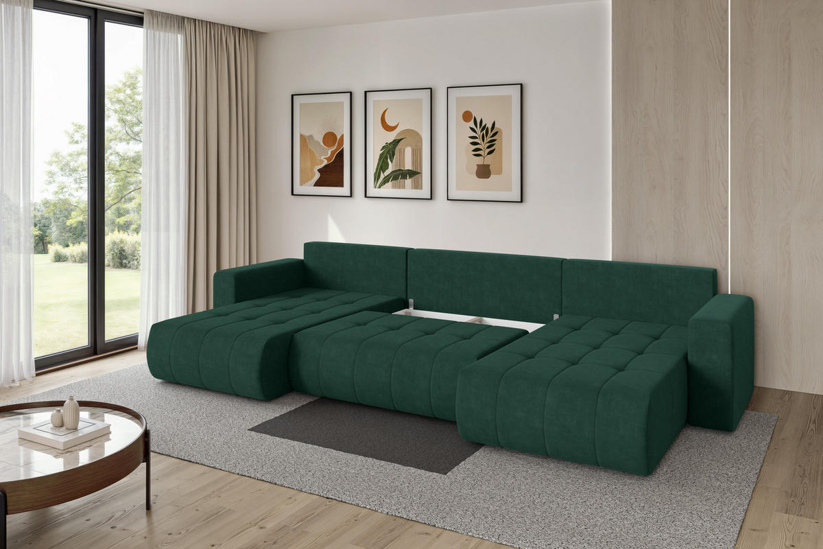 SEDACÍ SOUPRAVA DO U s funkcí spaní a úložným prostorem MILA-U 378x194x86 zelená velur - černá/zelená barva, kompozitní dřevo/textil (378/86/194cm) - ALTDECOR