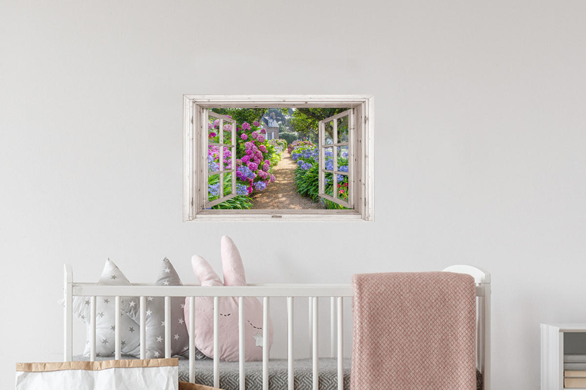 WANDTATTOO Hortensie - Fensterblick - Blumen - Sommer - Lila - Weg 60x40 cm - Lila, Kunststoff (60/40/0.1cm) - MuchoWow