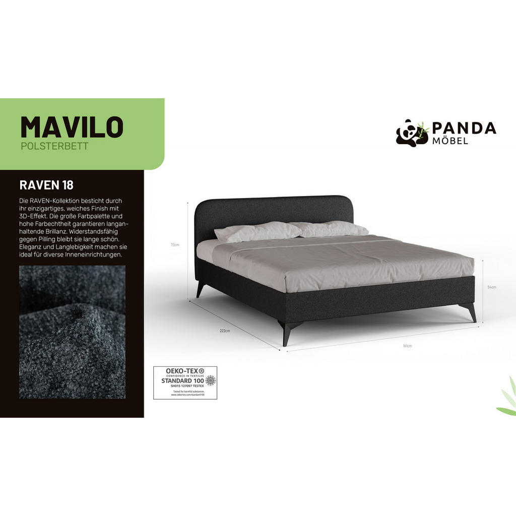 Thumbnail - Panda Möbel Polsterbett, Schwarz, Holz, Mode, 160x200 cm, Oeko-Tex® Standard 100, Schlafzimmer, Betten, Polsterbetten