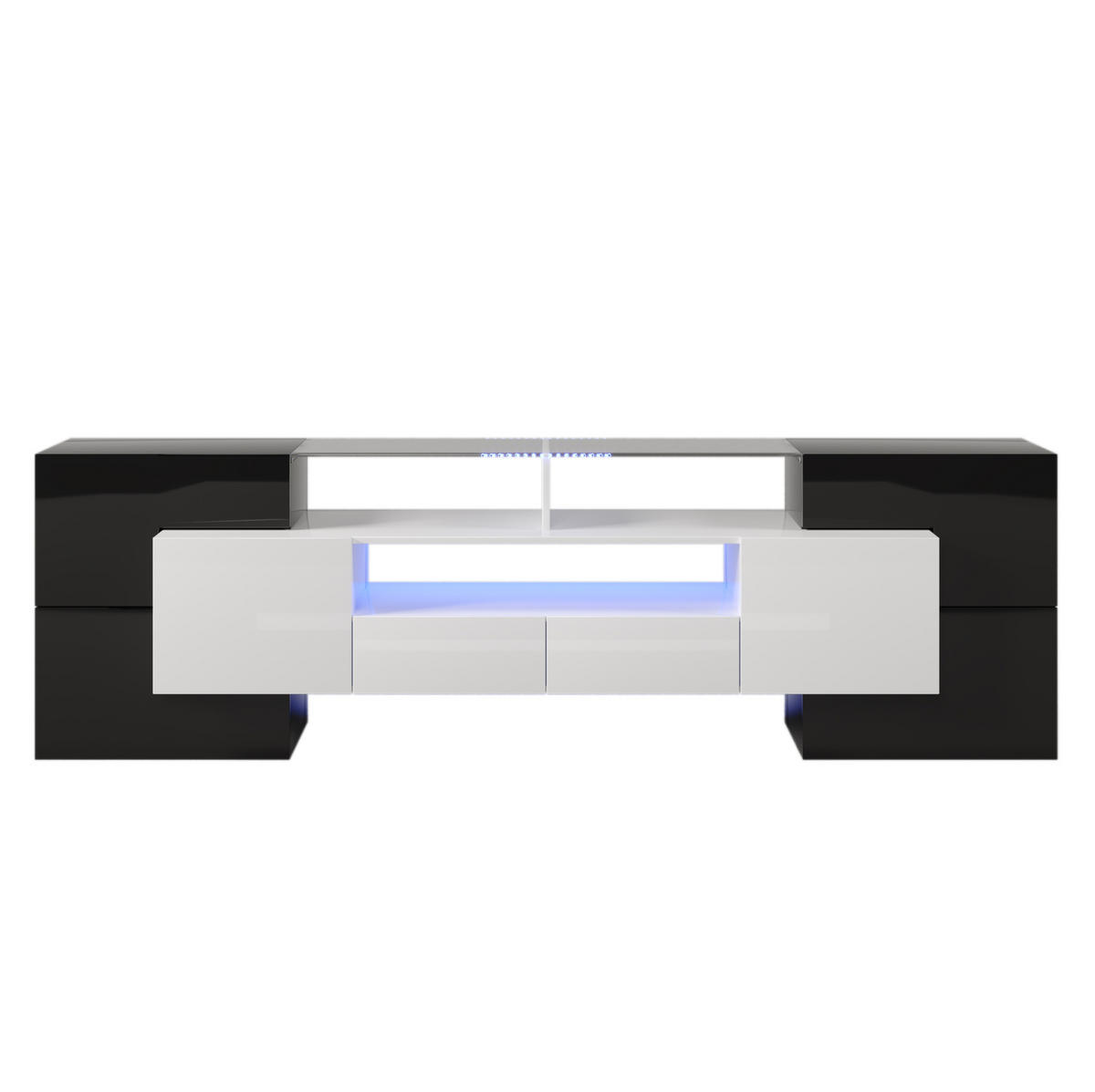 TV-SCHRANK aus Spanplatte und MDF 200x35x60 cm Schwarz/Weiß mit LED-Beleuchtung, Glasoptik und viel Stauraum - Schwarz, Holzwerkstoff (200/60/35cm) - Modfu