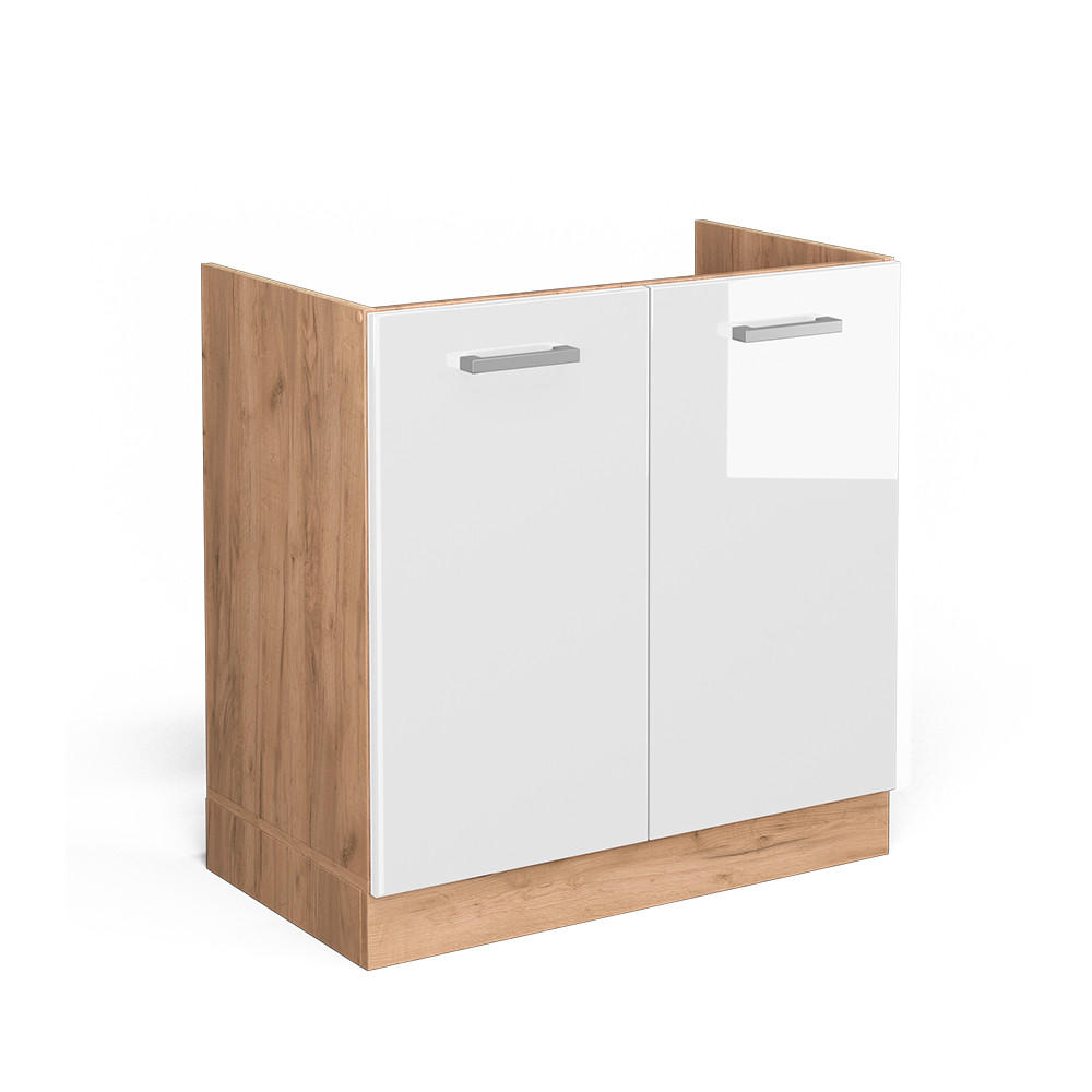 SPÜLENUNTERSCHRANK R-Line Weiß Hochglanz 80 cm ohne AP - Honigeiche/Weiß Hochglanz, Holzwerkstoff (80/81.6/46cm) - Vicco