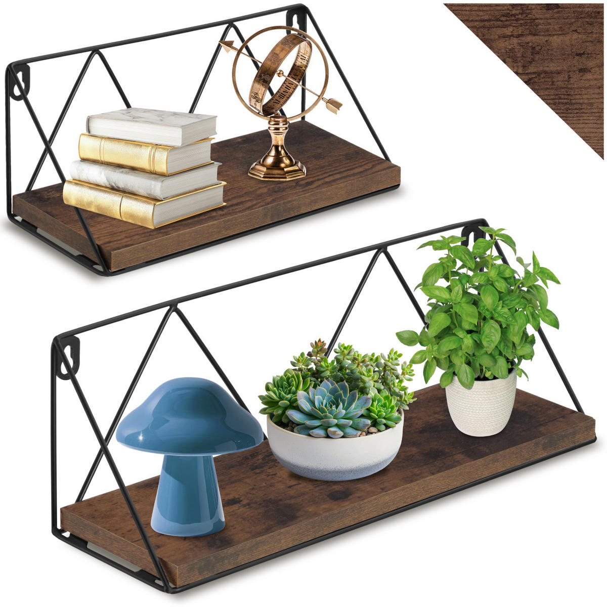 WANDREGAL 2er Set Rockport,Tiefe 13 cm,Industrial Holz dunkel,rustikal - Rostfarben, Holzwerkstoff (13/14.5/41cm) - tectake