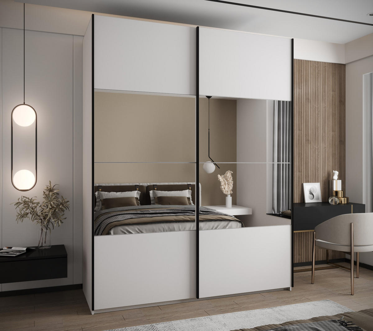 SCHWEBETÜRENSCHRANK 245,5/200/64 2-türig - Schwarz/Weiß, Holz/Metall (200/245/64cm) - Abiks Möbel