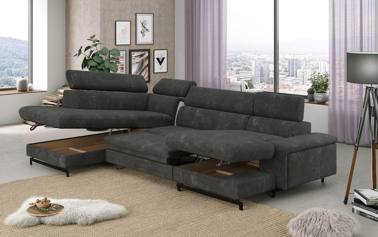 Thumbnail - Cotta Wohnlandschaft, Dunkelgrau, Textil, Echtholz,Fichte, 5-Sitzer, U-Form,L-Form, 328x81x215 cm, Wohnzimmer, Sofas & C...