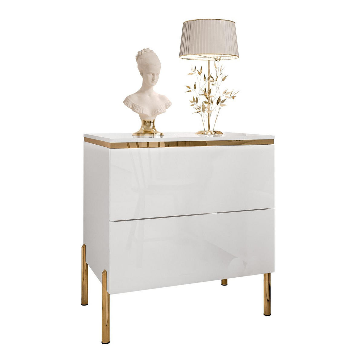 NACHTTISCH AURORA II auf gerade Gold Chrom Beine Weiß / Weiß hochglanz - Weiß Hochglanz/Goldfarben, Holzwerkstoff/Metall (50/54/37cm) - Lookway