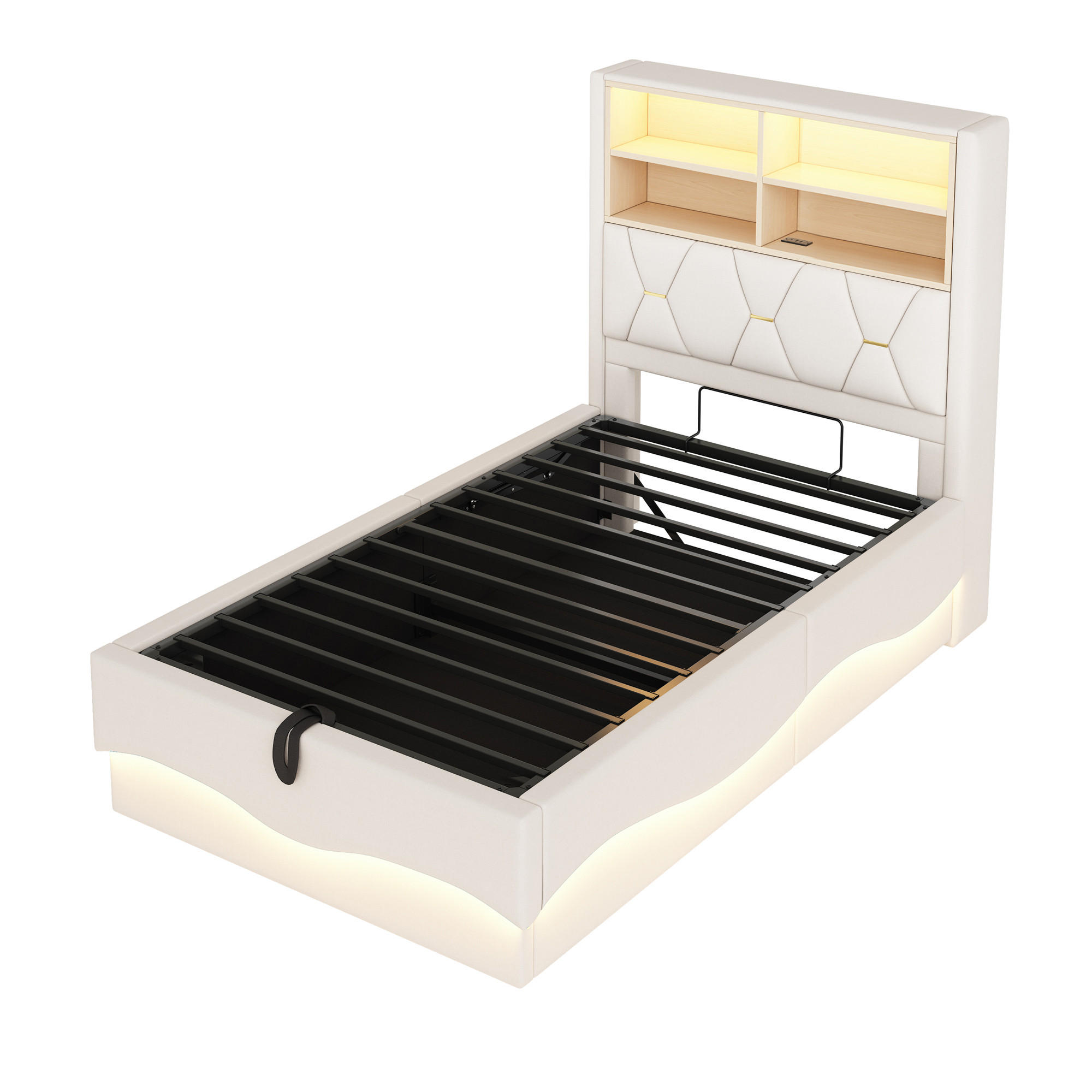 POLSTERBETT aus Leinen und Metall 90x200 cm in Beige mit LED & USB & Stauraum - Beige, Textil (90/200cm) - Modfu