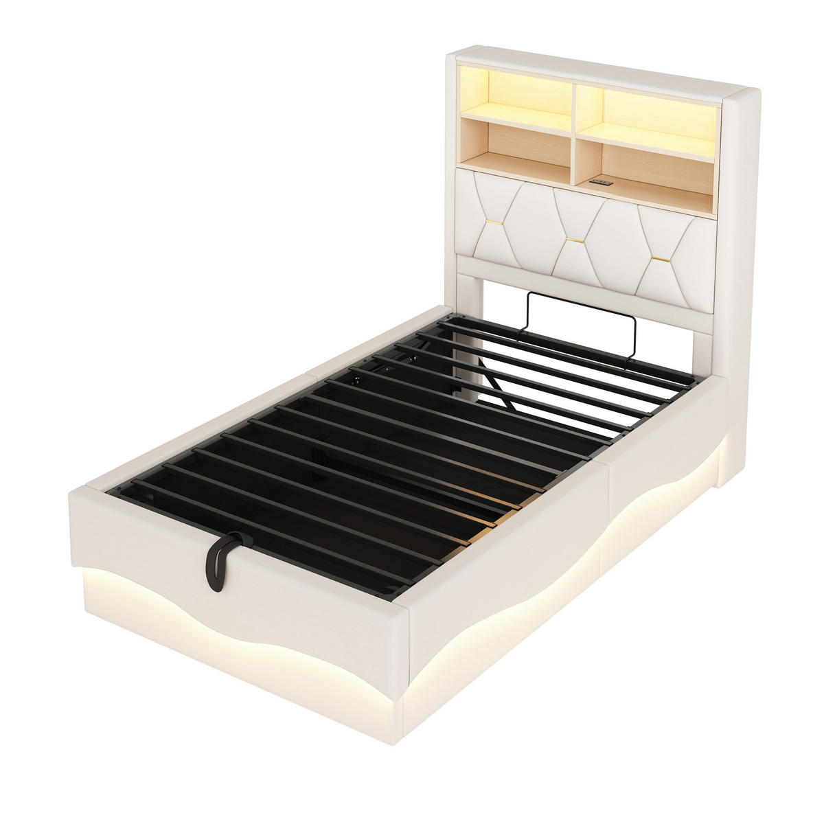 POLSTERBETT aus Leinen und Metall 90x200 cm in Beige mit LED & USB & Stauraum - Beige, Textil (90/200cm) - Modfu