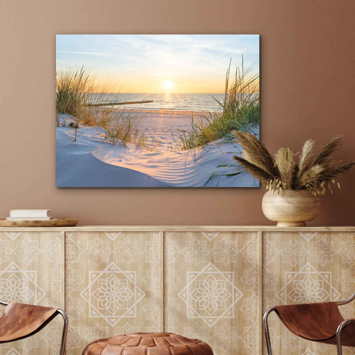 KOVOVÝ OBRAZ Pláž - Slnko - Duny - Tráva - Piesok - Horizont 80x60 cm - svetlomodrá, kov (80/60cm) - MuchoWow