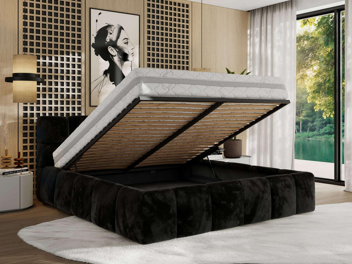 POLSTERBETT NIRA CLASSIC 180/200 - Schwarz Plüsch - Multipocket-Matratze - Schwarz, Textil (180/200cm) - MKS